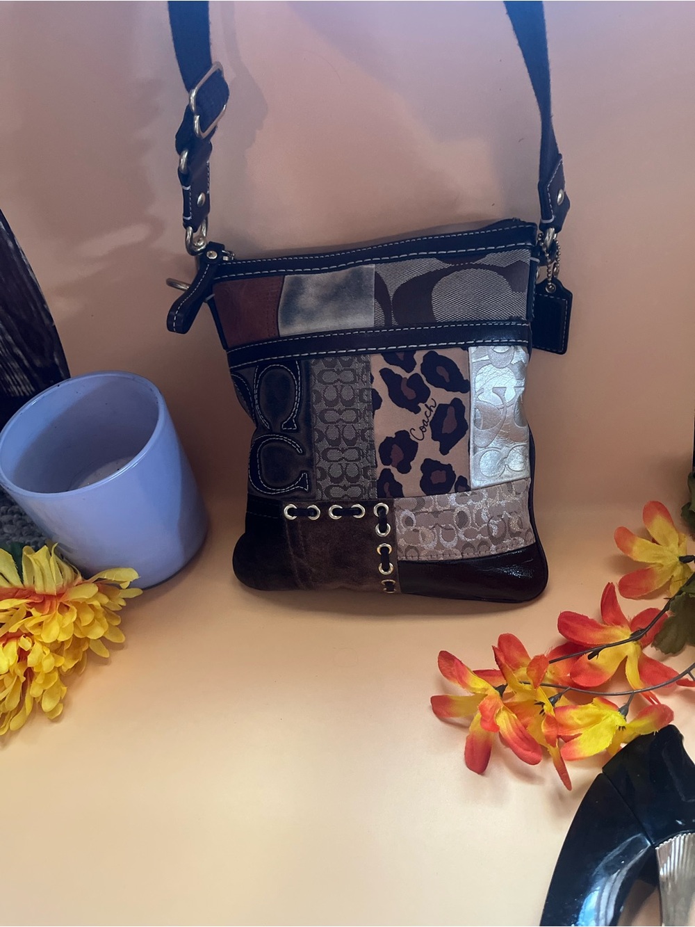 Vintage Coach Patchwork Multi-Texture Crossbody Swingpack Bag.